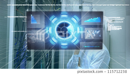 Image of scope scanning and data processing over caucasian male it technician by computer server 115712238