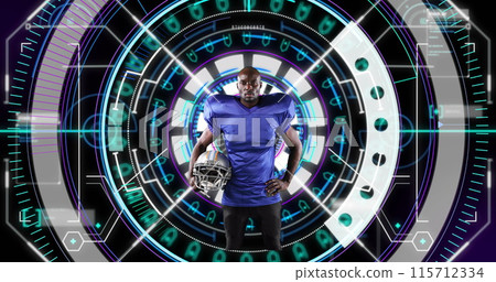Image of african american male rugby player over scope scanning on black background 115712334