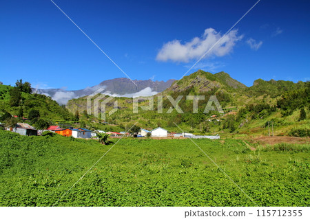 Mountain scenery around the village of Salazy, the base of the Cirque de Salazy, a World Heritage Site on the French overseas island of Reunion 115712355