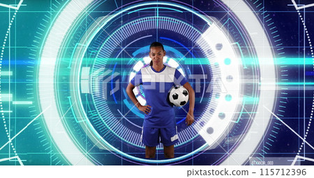 Image of african american female football player over scope scanning on black background Image of african american female football player over scope scanning on black background 115712396