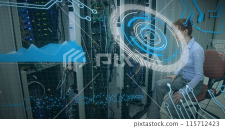 Image of scope scanning and data processing over man wearing vr headset 115712423