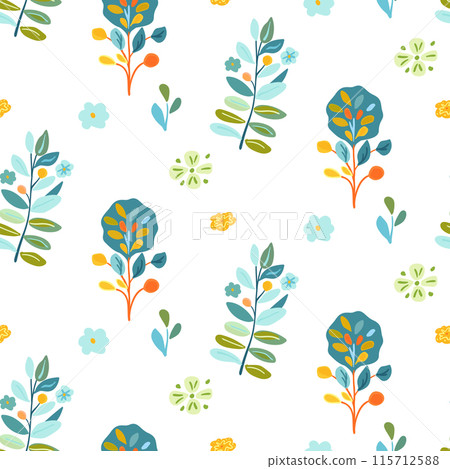 Seamless pattern featuring plants, flowers, and woodland berries in bright, vibrant colors. Ideal for spring designs, textiles, and wallpapers. Captures a fresh and playful vibe with folk art Seamless pattern featuring plants, flowers, and woodland berries in bright, vibrant colors. Ideal for spring designs, textiles, and wallpapers. Captures a fresh and playful vibe with folk art 115712588