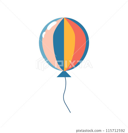 A geometrically designed hot air balloon with yellow and blue stripes, isolated on a white background. Vector illustration suitable for print, decoration, poster printing, and home decor 115712592