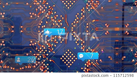 Image of social media icons with growing number and computer circuit board over cityscape 115712598