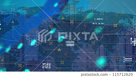 Image of world map and financial data processing over cityscape 115712620
