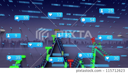 Image of social media icons and data processing over cityscape Image of social media icons and data processing over cityscape 115712623