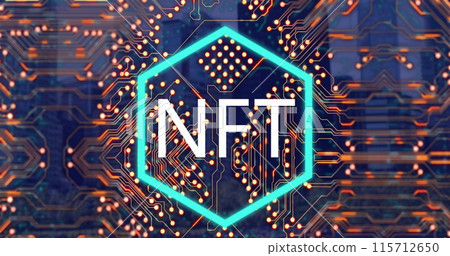 Image of nft text over computer circuit board over cityscape 115712650