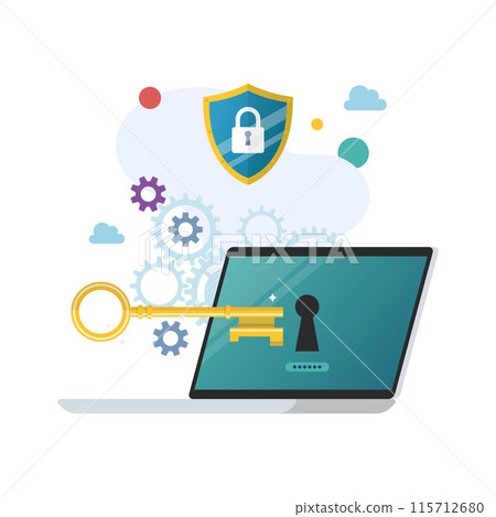 Gold key try to unlock laptop with mechanic gear background. Antivirus protection. Gold key try to unlock laptop with mechanic gear background. Antivirus protection. 115712680