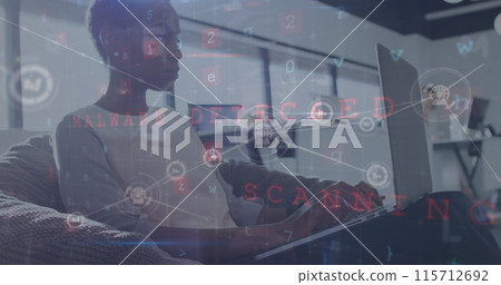 Image of connections and firewall over afican american woman with laptop in office Image of connections and firewall over afican american woman with laptop in office 115712692