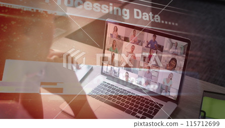 Image of data processing over african american businesswoman having image call Image of data processing over african american businesswoman having image call 115712699