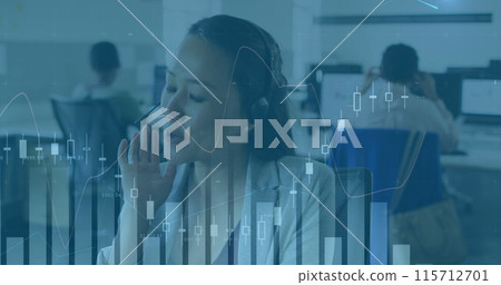 Image of financial data processing over asian businesswoman using phone headset in office Image of financial data processing over asian businesswoman using phone headset in office 115712701
