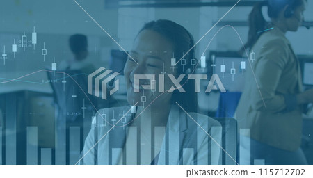 Image of financial data processing over asian businesswoman using phone headset in office Image of financial data processing over asian businesswoman using phone headset in office 115712702