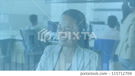 Image of financial data processing over asian businesswoman using phone headset in office Image of financial data processing over asian businesswoman using phone headset in office 115712709