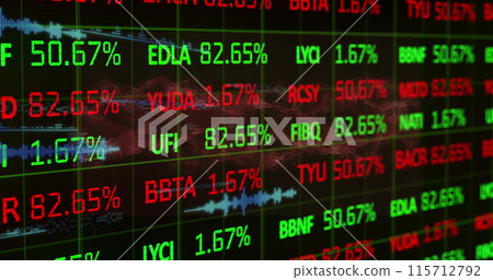 Image of financial data processing and statistics on black background 115712792