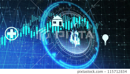 Image of financial data processing over scope scanning with bitcoin symbol on black background Image of financial data processing over scope scanning with bitcoin symbol on black background 115712834