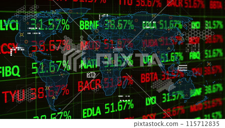 Image of financial data processing and world map on black background 115712835