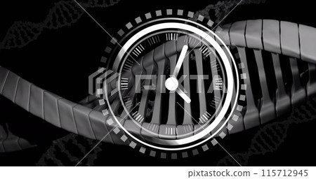 Image of clock moving over dna strands on black background 115712945