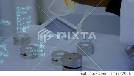 Image of mathematical equations over african american doctor with blood bag Image of mathematical equations over african american doctor with blood bag 115712966