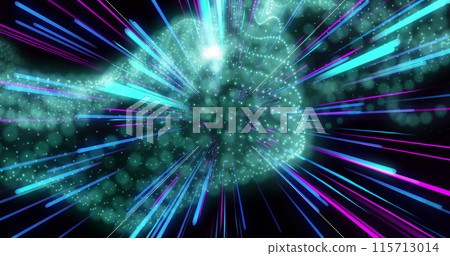 Image of network of connections over pink and blue neon light trails 115713014