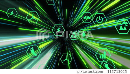 Image of network of connections with eco icons over green and blue neon light trails Image of network of connections with eco icons over green and blue neon light trails 115713025