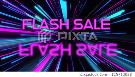 Image of flash sale text over pink and blue neon light trails 115713028