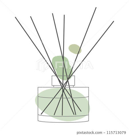 Home Fragrance Linear Icon, Glass Bottle with Wooden Aroma Sticks, Perfume for home, editable black Contour on white background with Abstract Green color Shapes. Isolated Vector Outline Illustration. 115713079