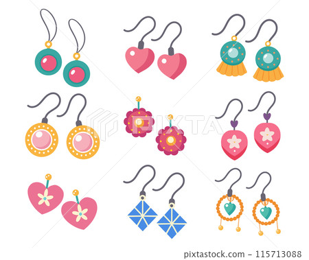 Kids jewelry set. Colorful handmade earrings with plastic beads, stars, hearts, flowers. Illustration in flat style. Vector 115713088