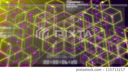 Image of timer, changing numbers and moving dots over glowing hexagons on black background Image of timer, changing numbers and moving dots over glowing hexagons on black background 115713217