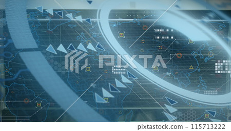 Image of round scanner and data processing over world map against blue background Image of round scanner and data processing over world map against blue background 115713222