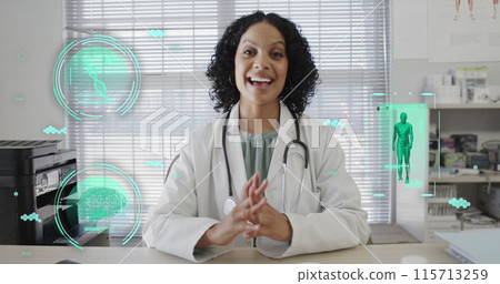 Image of science icons and data processing over biracial female doctor having image call 115713259