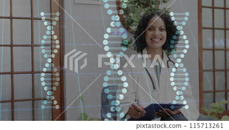 Image of data processing and dna strands over biracial female doctor writing 115713261