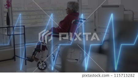 Image of cardiograph over biracial senior female patient in wheelchair 115713282