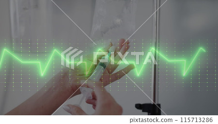 Image of cardiograph over caucasian nurse preparing drip Image of cardiograph over caucasian nurse preparing drip 115713286