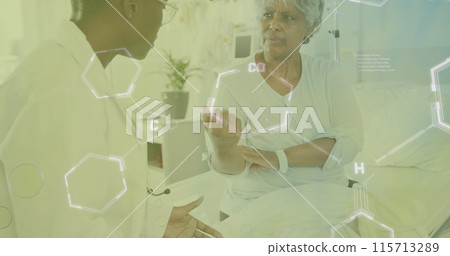 Image of chemical formula over diverse senior female patient and doctor talking 115713289