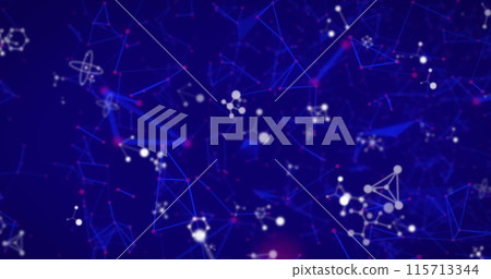Digital image of Molecular structures and Network of connections moving against blue background 115713344