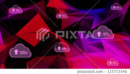 Cloud icons with arrows on a colorful network symbolize global connectivity growth. Cloud icons with arrows on a colorful network symbolize global connectivity growth. 115713348