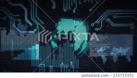 Image of globe, circuit board, data processing over statistics Image of globe, circuit board, data processing over statistics 115713352