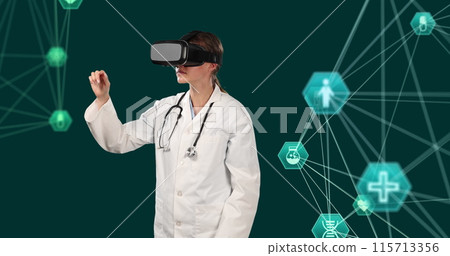 VR doctor with icon globes explores global medical networks. 115713356