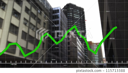 Image of financial data processing over cityscape 115713388