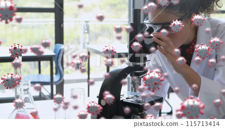 Coronavirus research depicted with cells over a female scientist using a microscope. Coronavirus research depicted with cells over a female scientist using a microscope. 115713414