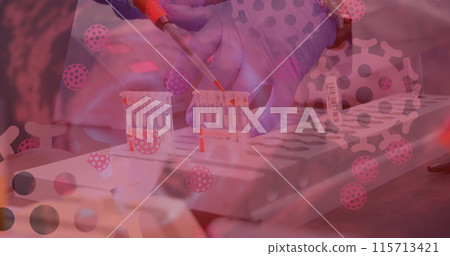 Image of macro coronavirus cells floating on a view of a laboratory worker working with blood sample 115713421