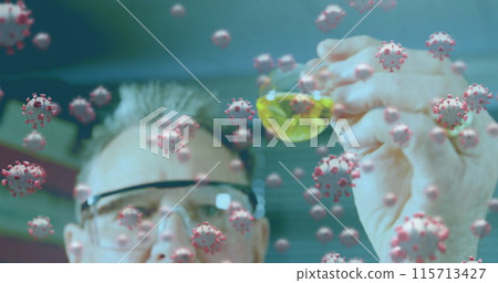 Lab worker examines sample amid COVID-19 research in digital composite image. 115713427
