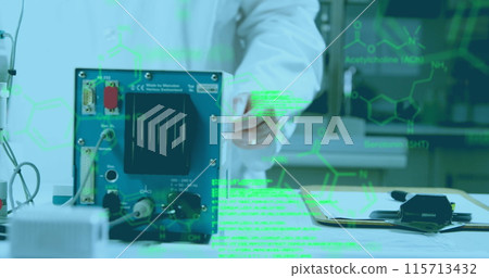 Image of data floating over a mid section view of a male laboratory worker during the research 115713432