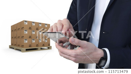 Image of businessman using clear smartphone with stacks of boxes on white background 115713479