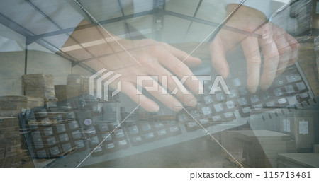 Image of woman typing on computer keyboard with stacks of boxes in warehouse 115713481