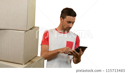 Image of man using tablet with stacks of boxes on white background 115713483