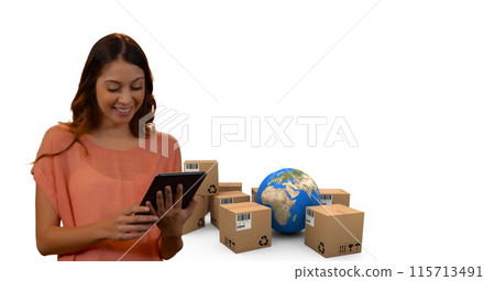 Image of woman using tablet with stacks of boxes and globe on white background Image of woman using tablet with stacks of boxes and globe on white background 115713491