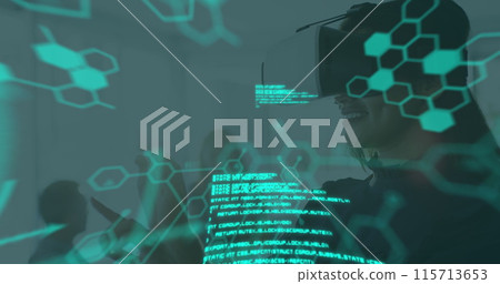 Image of medical data processing over businesswoman wearing vr headset 115713653