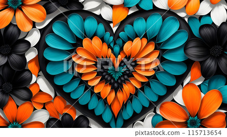 Flower petals are arranged in shape of heart. Layout of greeting card. Aesthetics and minimalism. Color harmony 115713654