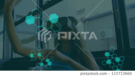 Image of medical data over woman wearing vr headset 115713660